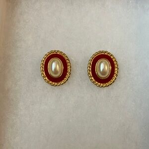 Vintage Red White and Gold Enamel Earrings